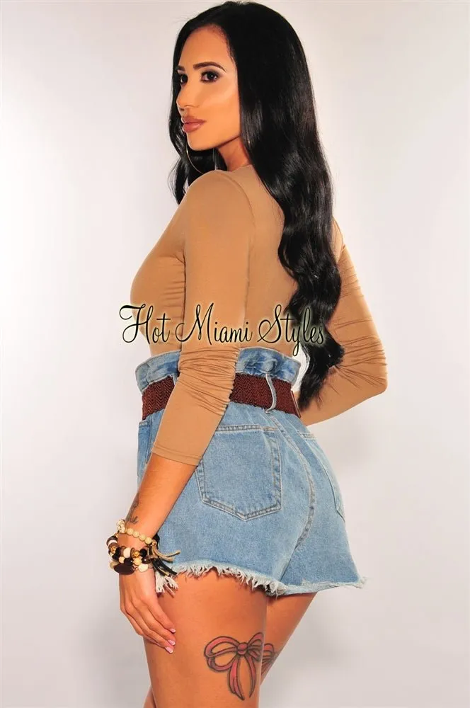 Denim Frayed Hem High Waist Paperbag Belted Shorts