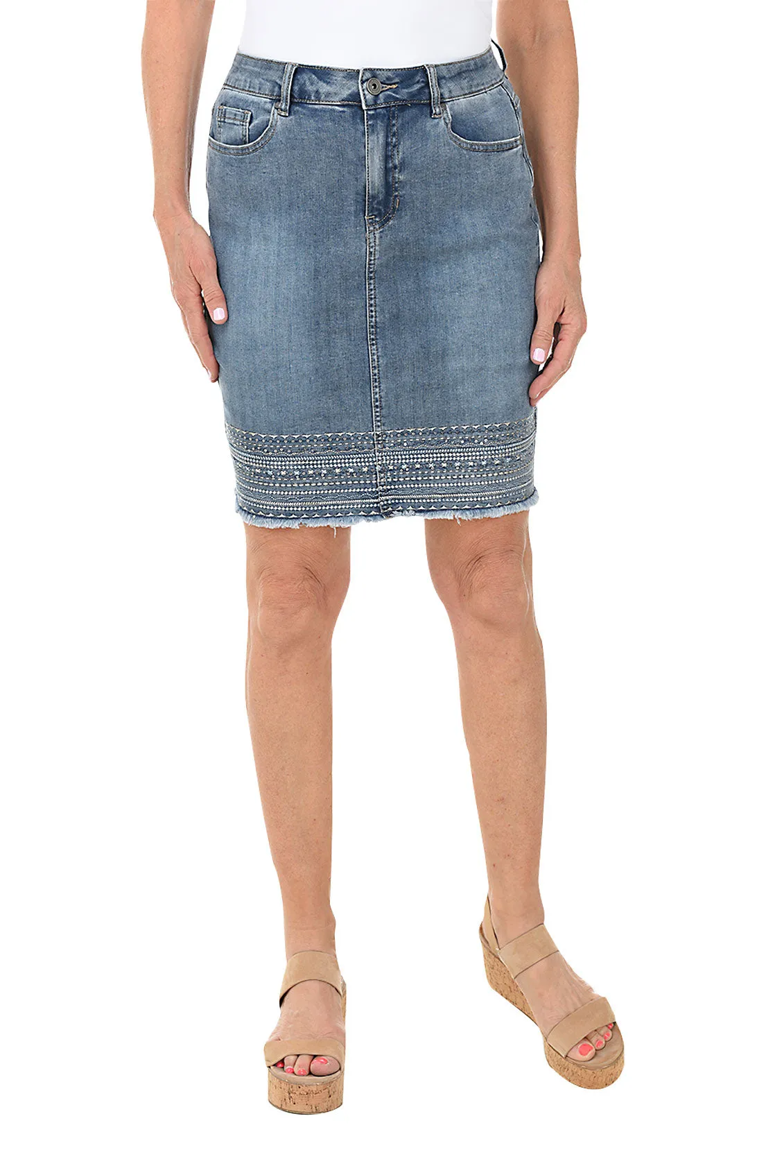 Diamond Embroidered Frayed Hem Denim Skort