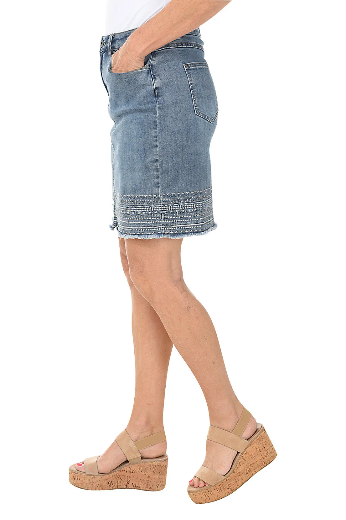 Diamond Embroidered Frayed Hem Denim Skort