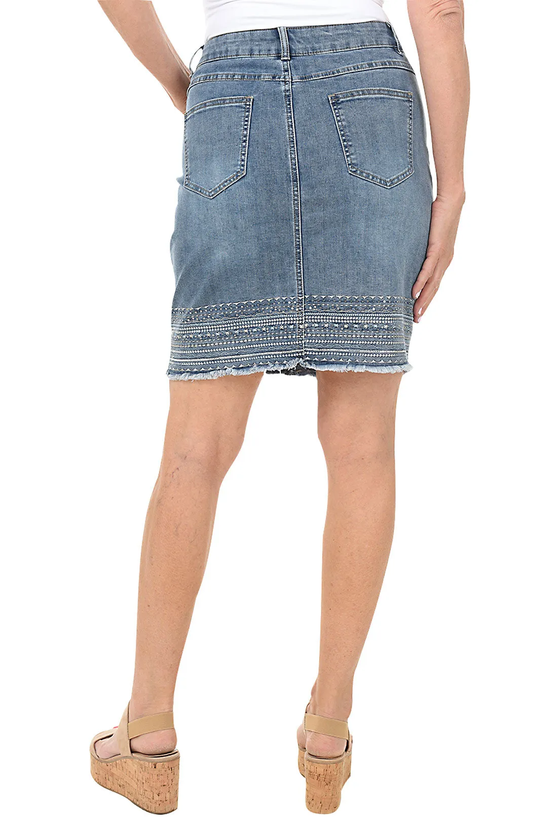 Diamond Embroidered Frayed Hem Denim Skort