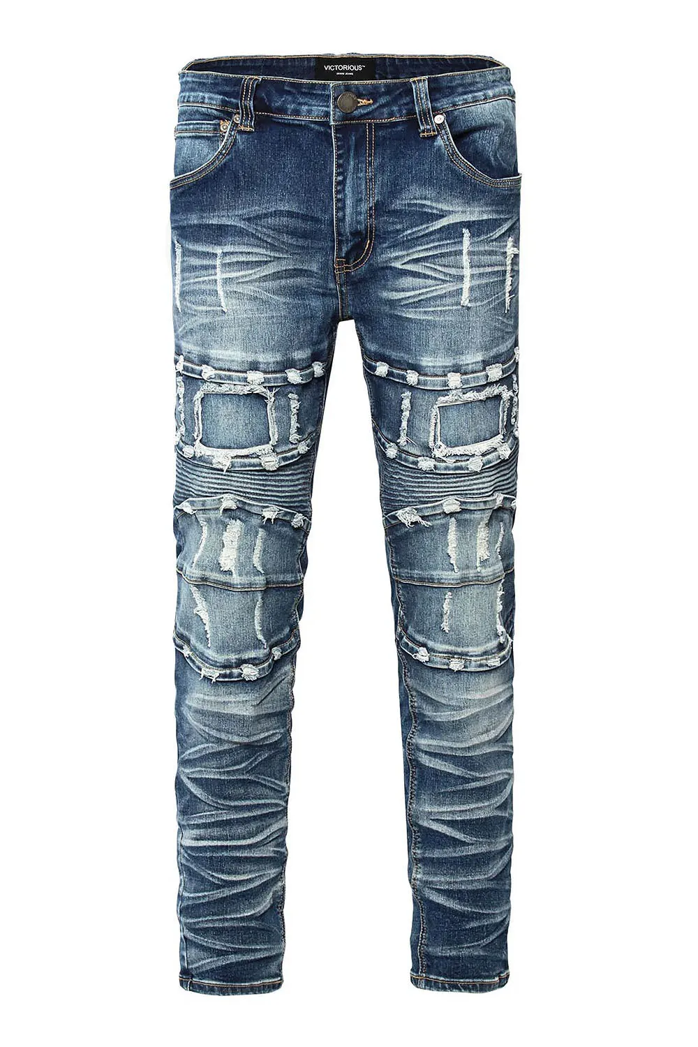 Distressed Stacked Washed Biker Denim Jeans