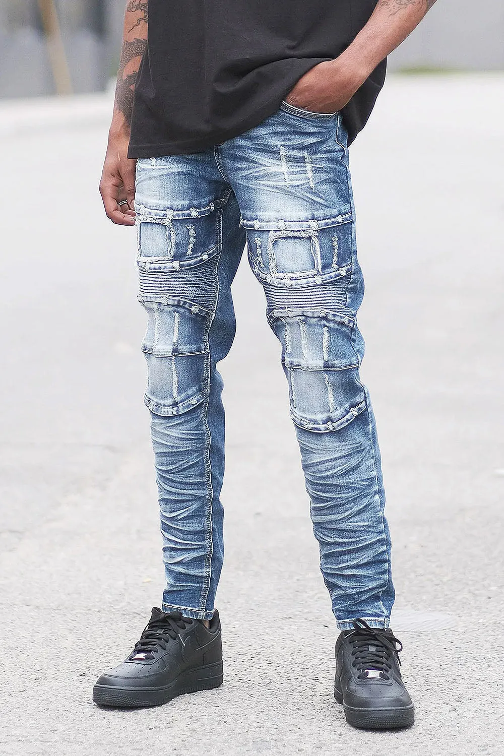 Distressed Stacked Washed Biker Denim Jeans