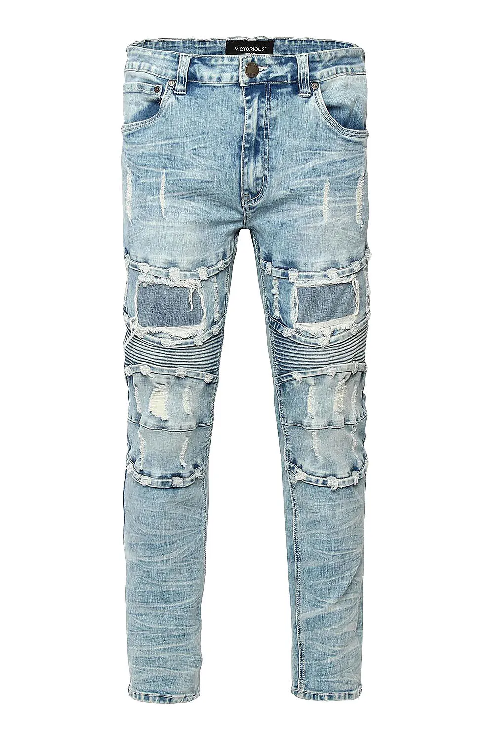 Distressed Stacked Washed Biker Denim Jeans