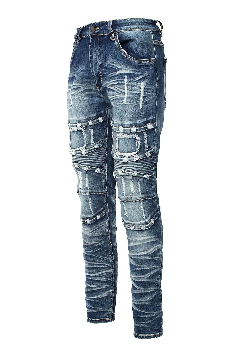 Distressed Stacked Washed Biker Denim Jeans