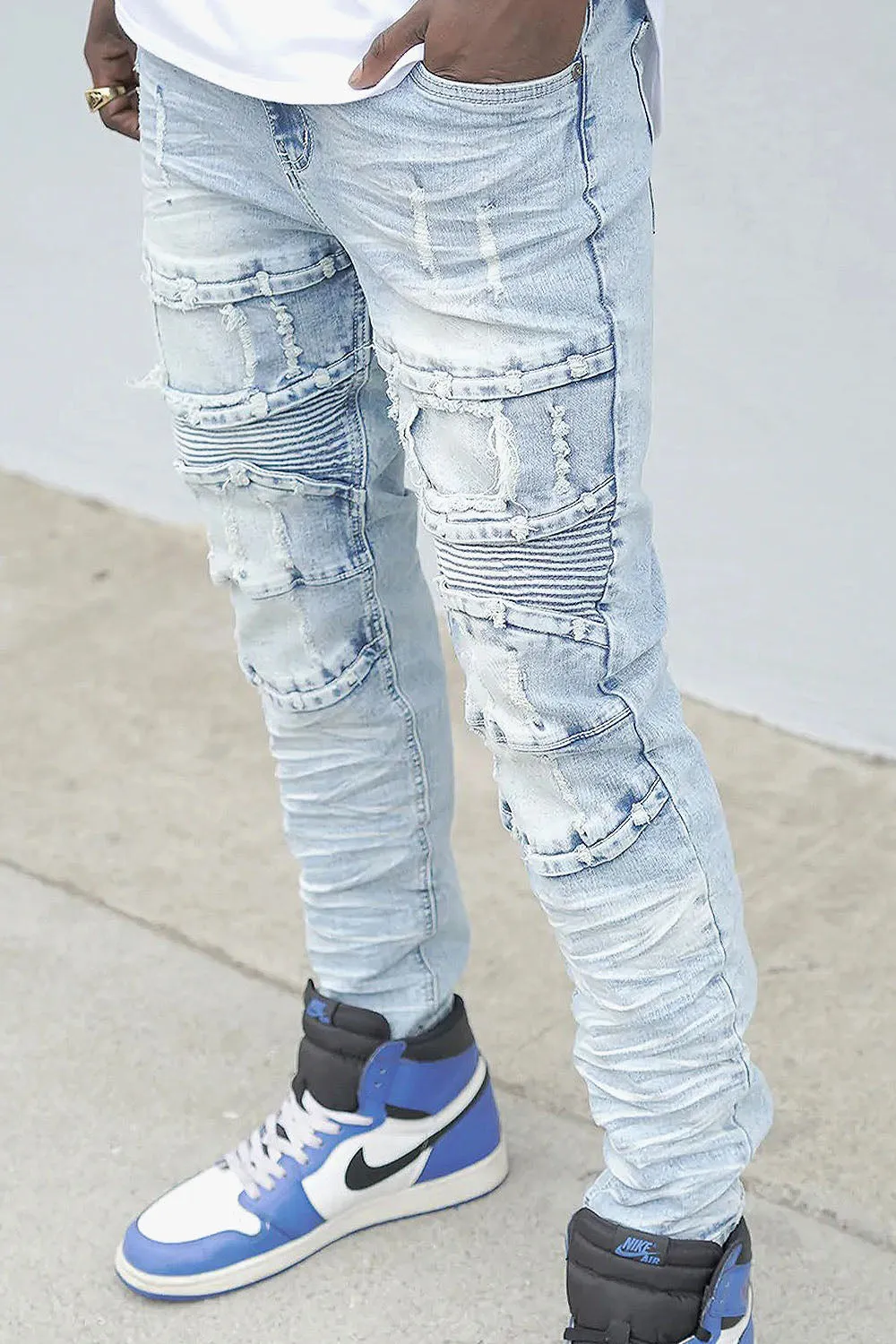 Distressed Stacked Washed Biker Denim Jeans