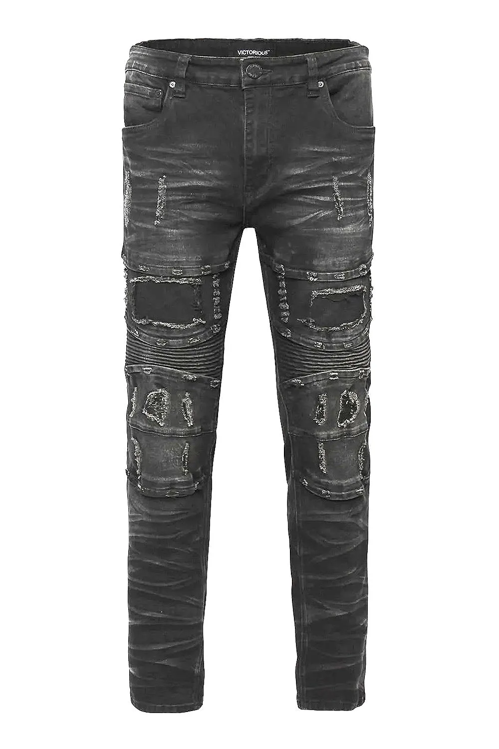 Distressed Stacked Washed Biker Denim Jeans