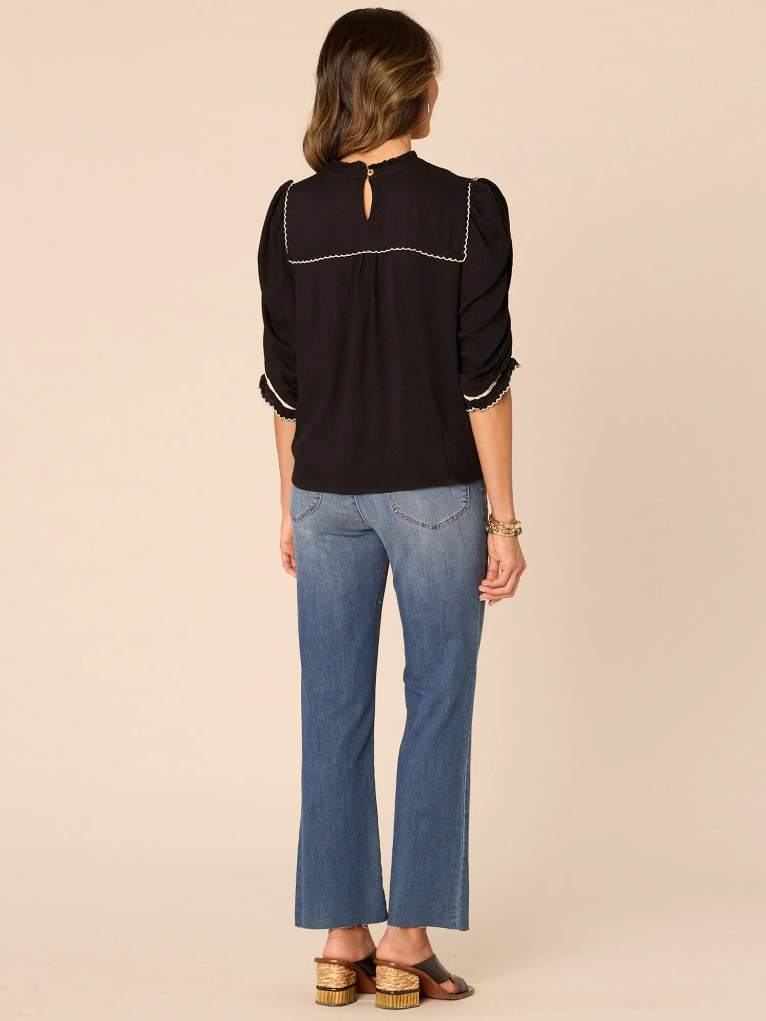 Elbow Ruched Puff Sleeve Round Ruffle Neck Embroidered Woven Top