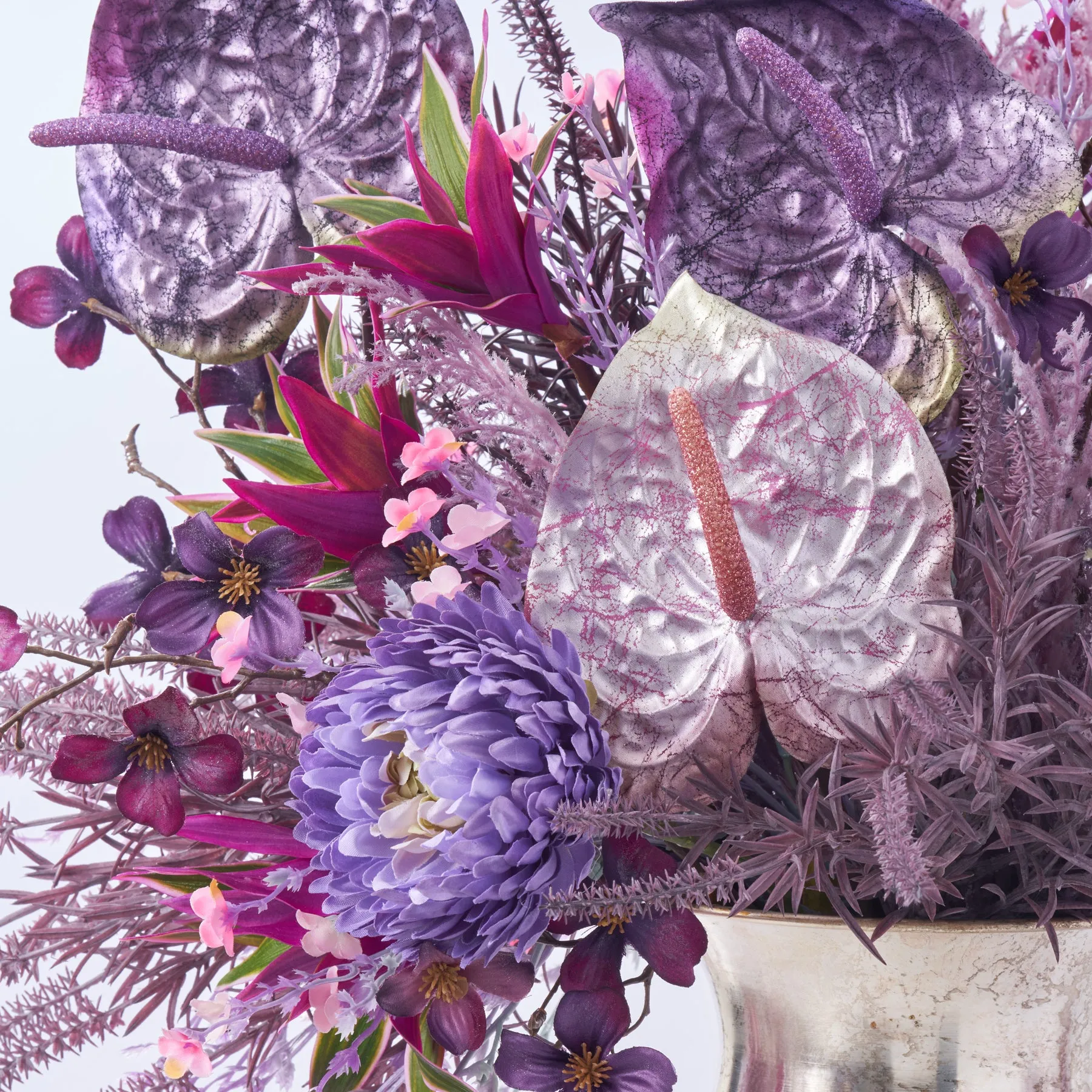 Electric Stardust - Fantasy Anthurium, Starflower & Mixed Astilbe Fall Halloween Arrangement In Metal Urn