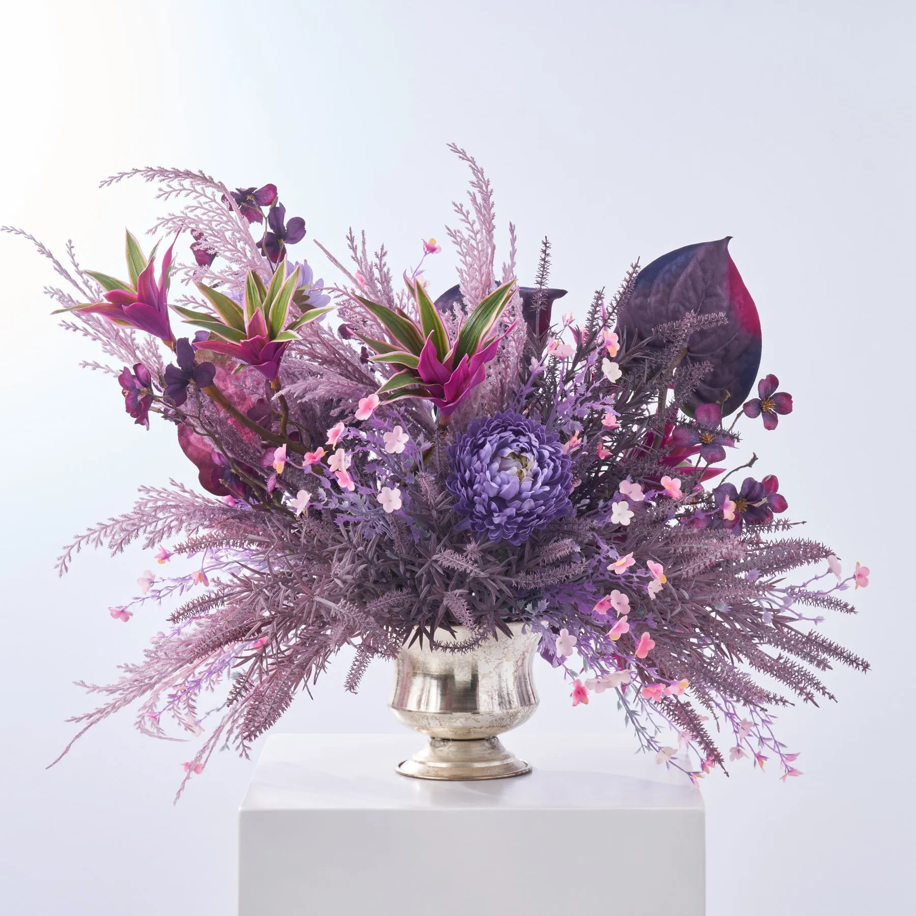 Electric Stardust - Fantasy Anthurium, Starflower & Mixed Astilbe Fall Halloween Arrangement In Metal Urn