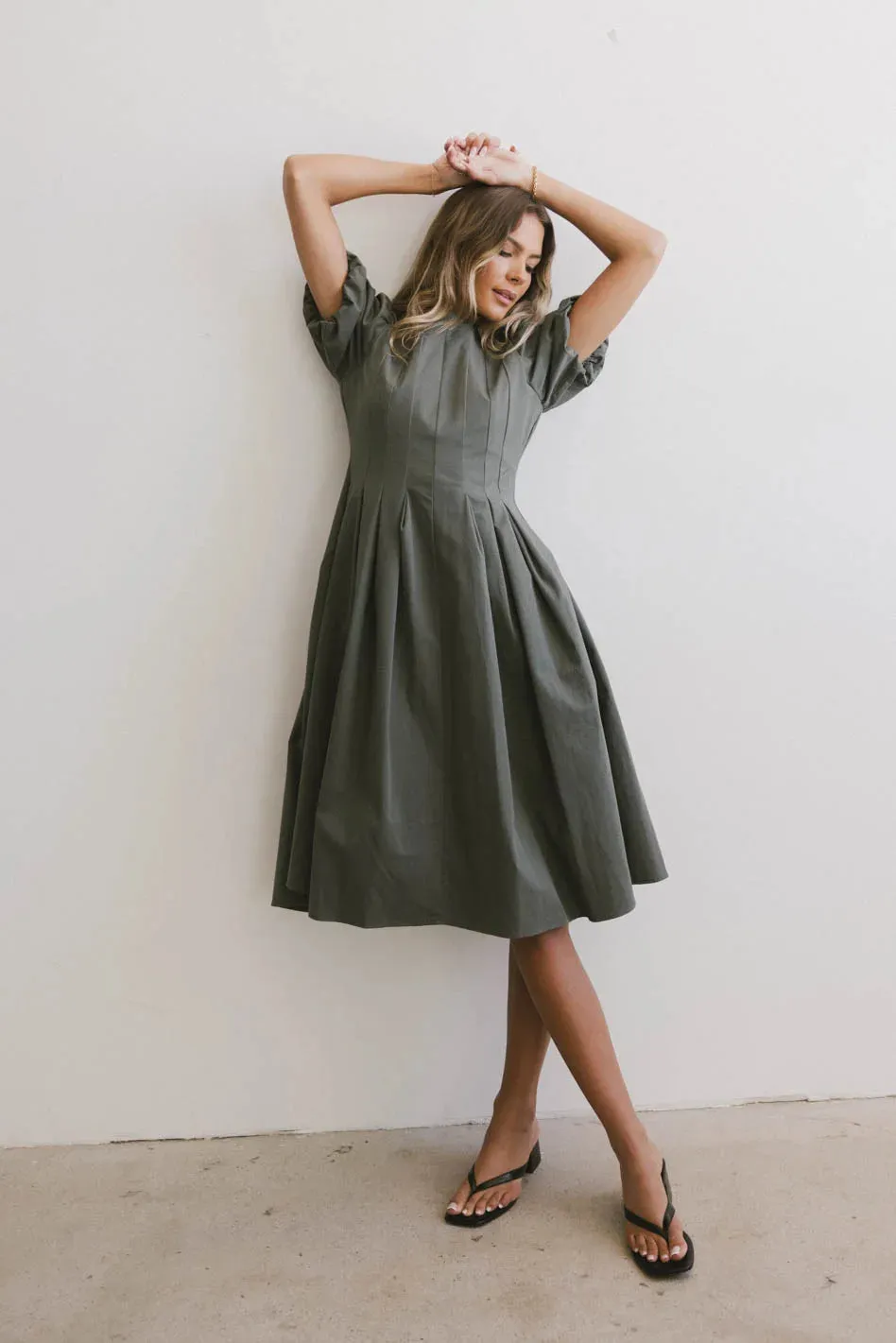 Eliana Pleated Midi Dress in Sage