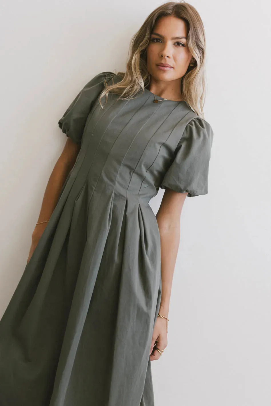 Eliana Pleated Midi Dress in Sage