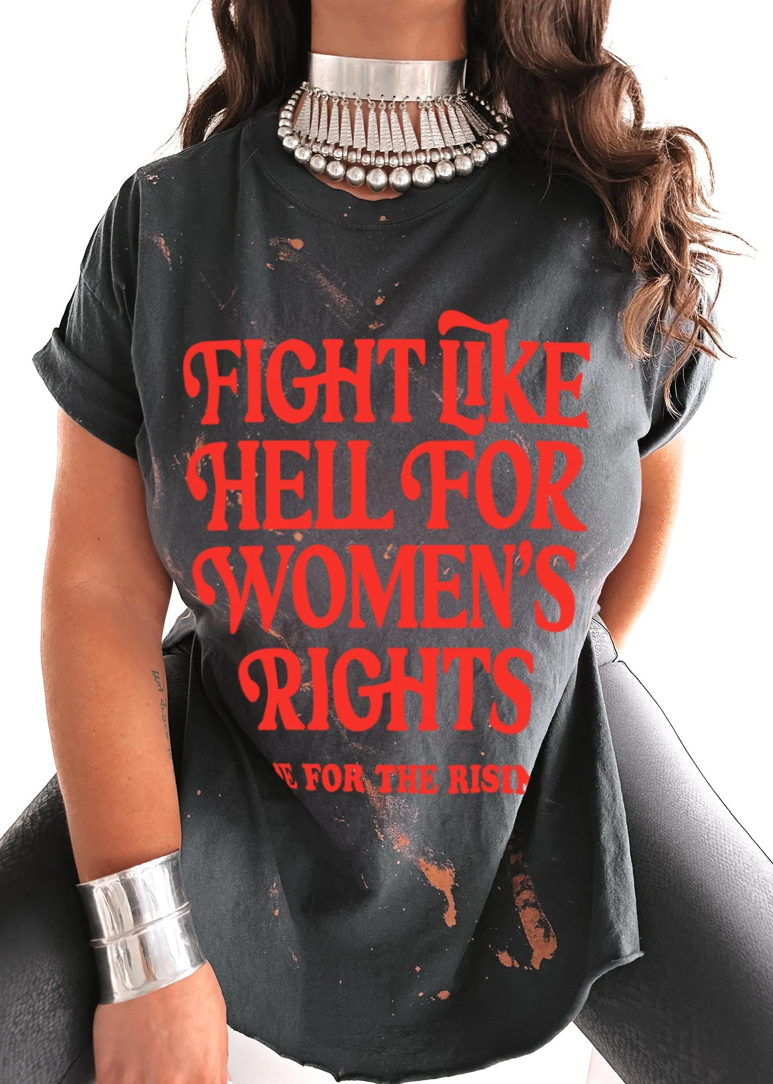 FIGHT LIKE HELL FOR WOMEN'S RIGHTS (RED) BLEACHED OUT SIDE SLIT TEE