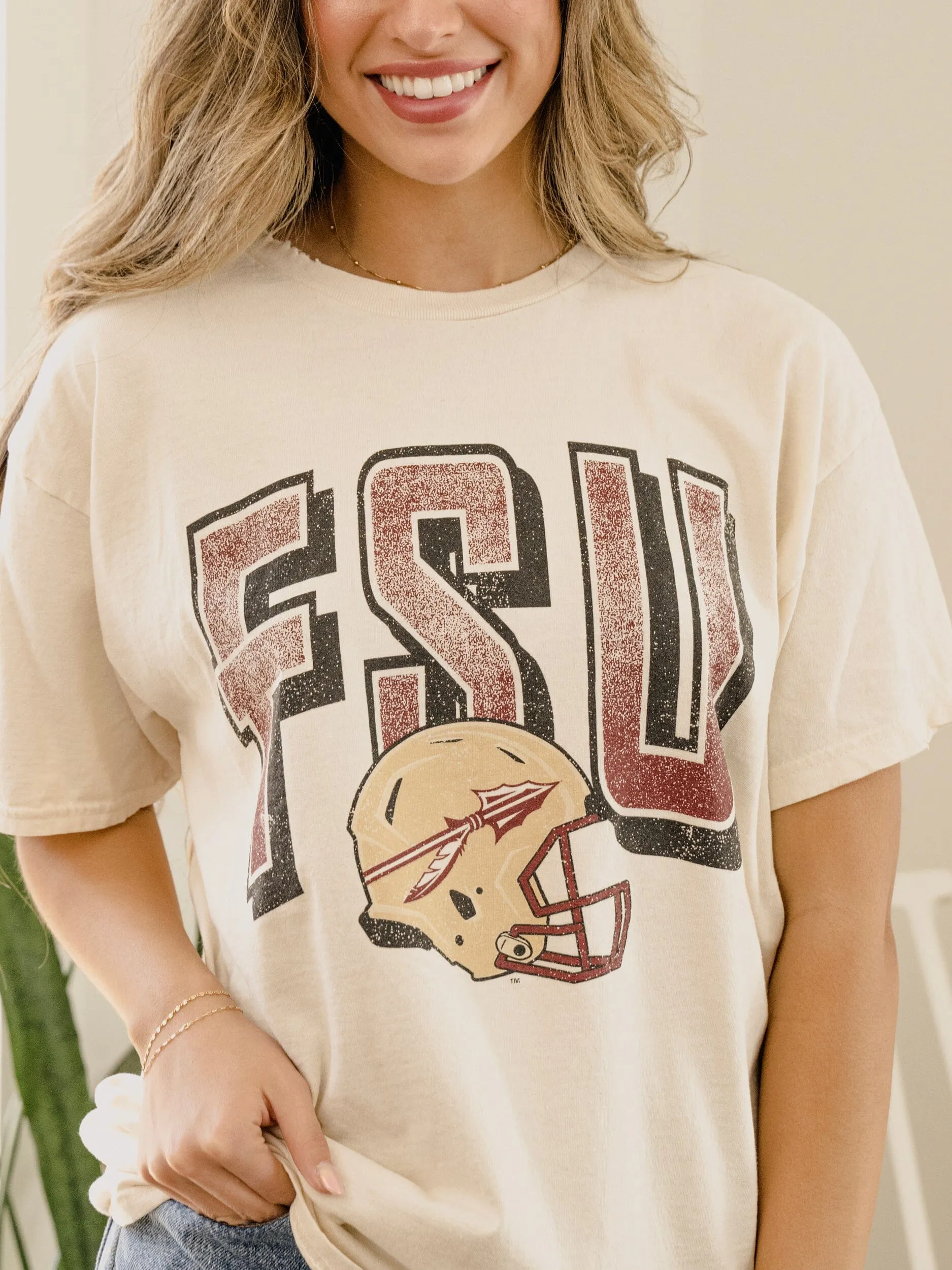 FSU Seminoles Helmet Fade Off White Thrifted Tee