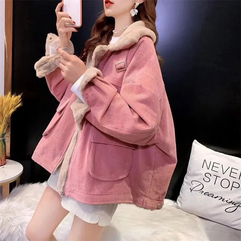 Getadme Biyaby New Autumn Winter Warm Corduroy Jacket Women Casual Loose Thicken Plush Coat Woman Korean Pocket Zipper Lamb Wool Parkas