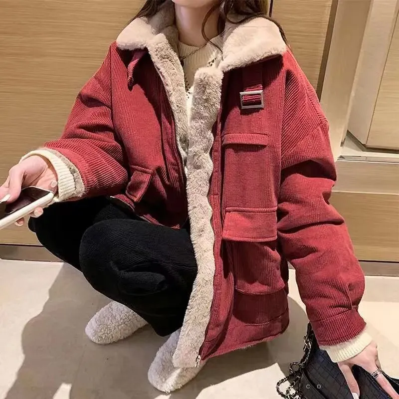 Getadme Biyaby New Autumn Winter Warm Corduroy Jacket Women Casual Loose Thicken Plush Coat Woman Korean Pocket Zipper Lamb Wool Parkas