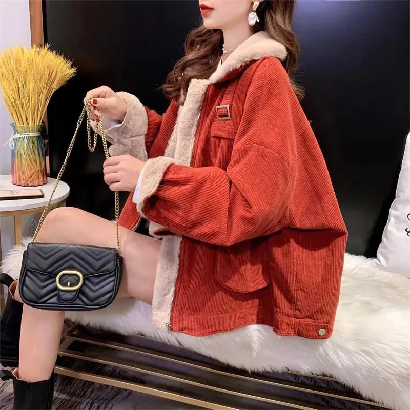 Getadme Biyaby New Autumn Winter Warm Corduroy Jacket Women Casual Loose Thicken Plush Coat Woman Korean Pocket Zipper Lamb Wool Parkas