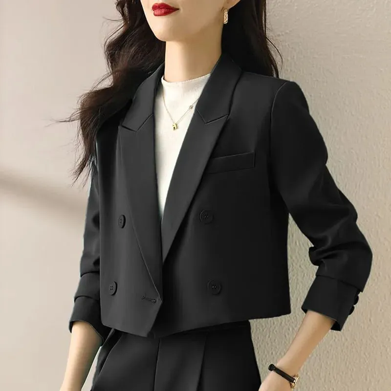 Getadme Black Cropped Blazers for Women Korean Fashion Double-Breasted Office Suit Coat Ladies Vintage Long Sleeve Outerwear