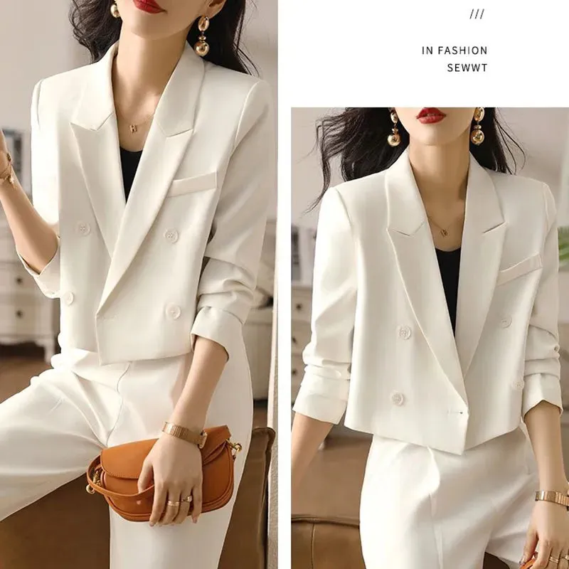 Getadme Black Cropped Blazers for Women Korean Fashion Double-Breasted Office Suit Coat Ladies Vintage Long Sleeve Outerwear