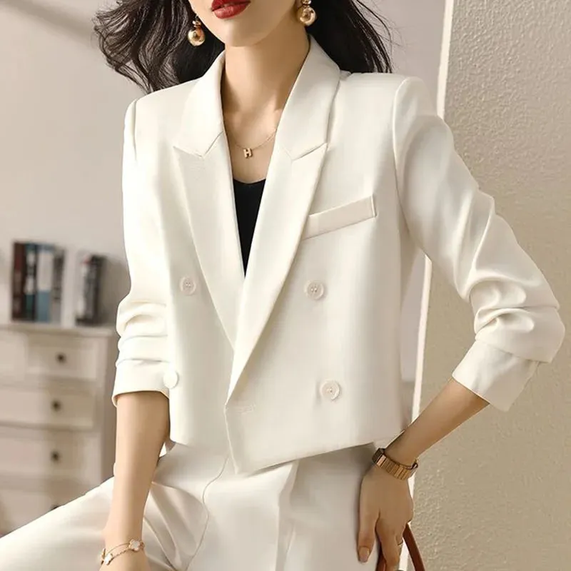 Getadme Black Cropped Blazers for Women Korean Fashion Double-Breasted Office Suit Coat Ladies Vintage Long Sleeve Outerwear