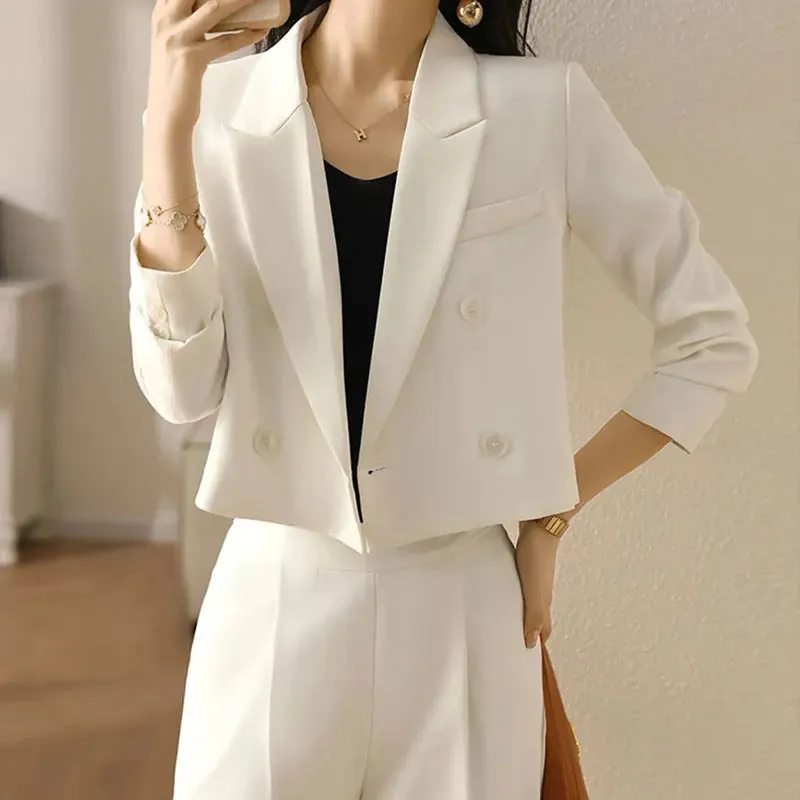 Getadme Black Cropped Blazers for Women Korean Fashion Double-Breasted Office Suit Coat Ladies Vintage Long Sleeve Outerwear