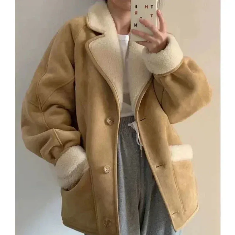 Getadme Fashion Lamb Wool Leather Jacket for Women Elegant Lapel Thicken Warm Overcoat New Chic Suede Short Coat Lambskin Outwear