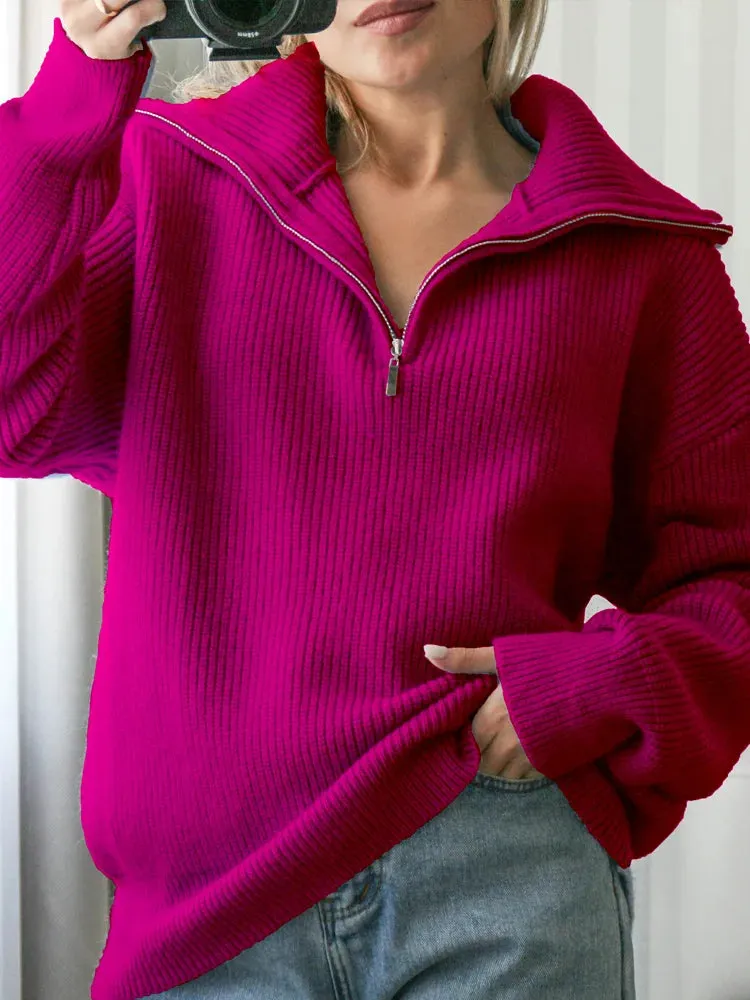 Getadme Knitted Zippers Sweater Women LOOSE Solid Warm Fashion Women Sweaters New Long Sleeved Top Oversized Women's Sweaters