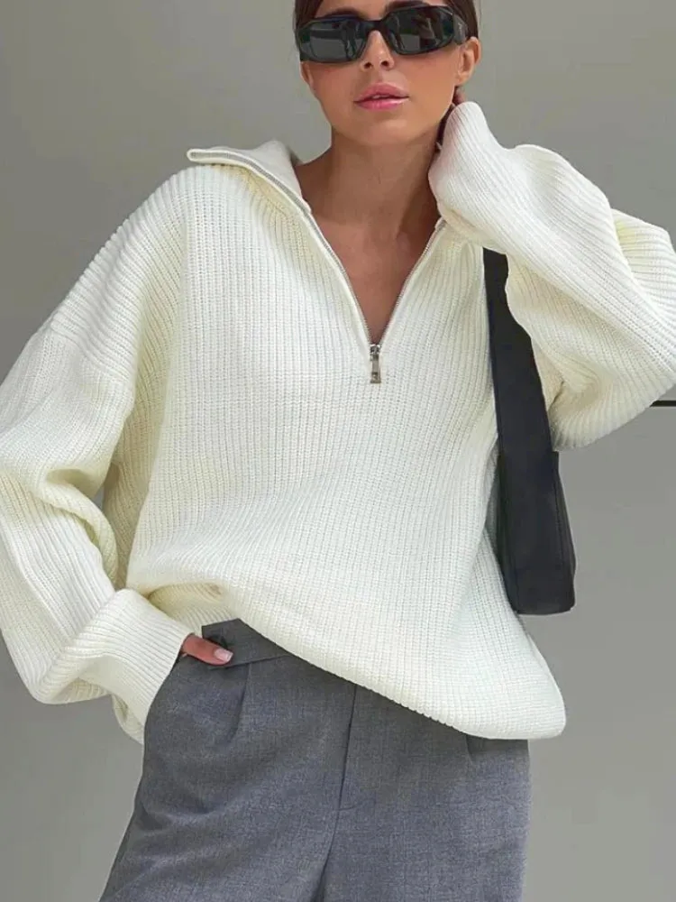 Getadme Knitted Zippers Sweater Women LOOSE Solid Warm Fashion Women Sweaters New Long Sleeved Top Oversized Women's Sweaters