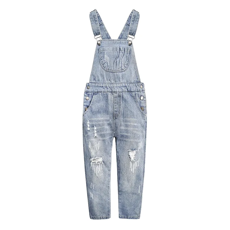 Girls Denim Ripped Overalls Washed Distressed Jeans Pants