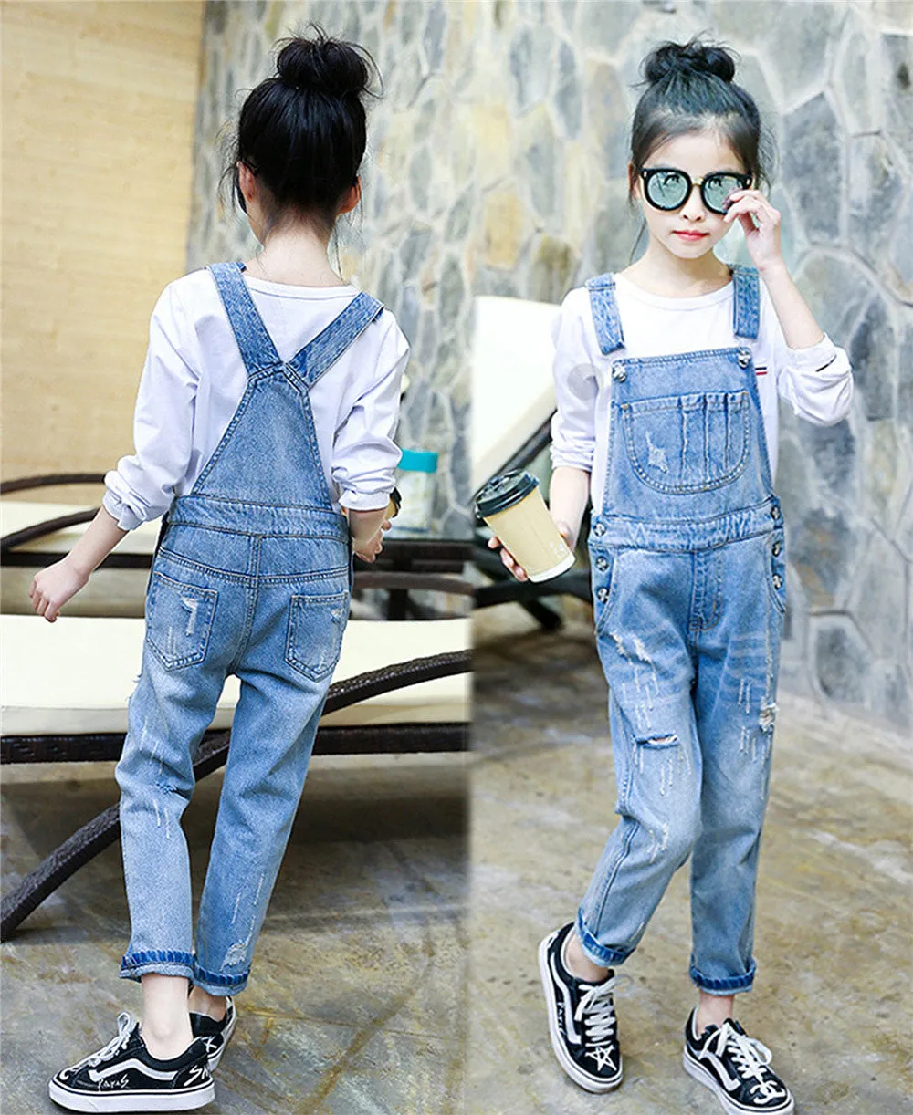 Girls Denim Ripped Overalls Washed Distressed Jeans Pants