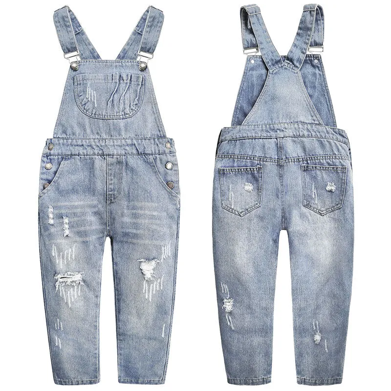 Girls Denim Ripped Overalls Washed Distressed Jeans Pants