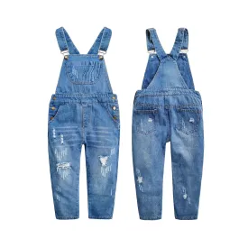 Girls Denim Ripped Overalls Washed Distressed Jeans Pants