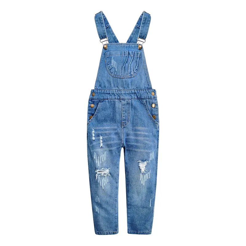 Girls Denim Ripped Overalls Washed Distressed Jeans Pants