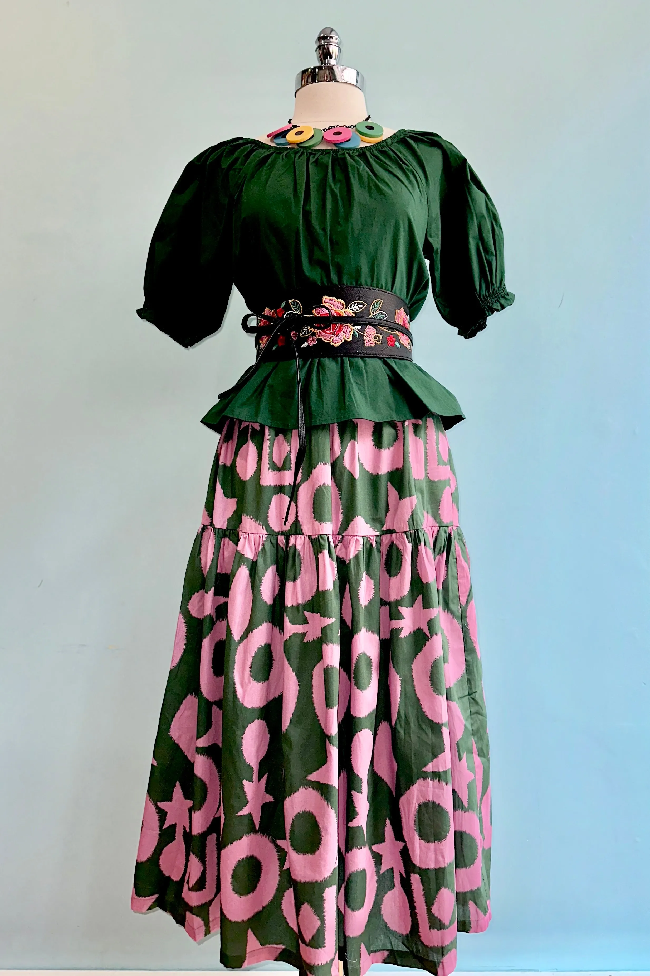 Green and Pink Elastic Waist Midi Skirt