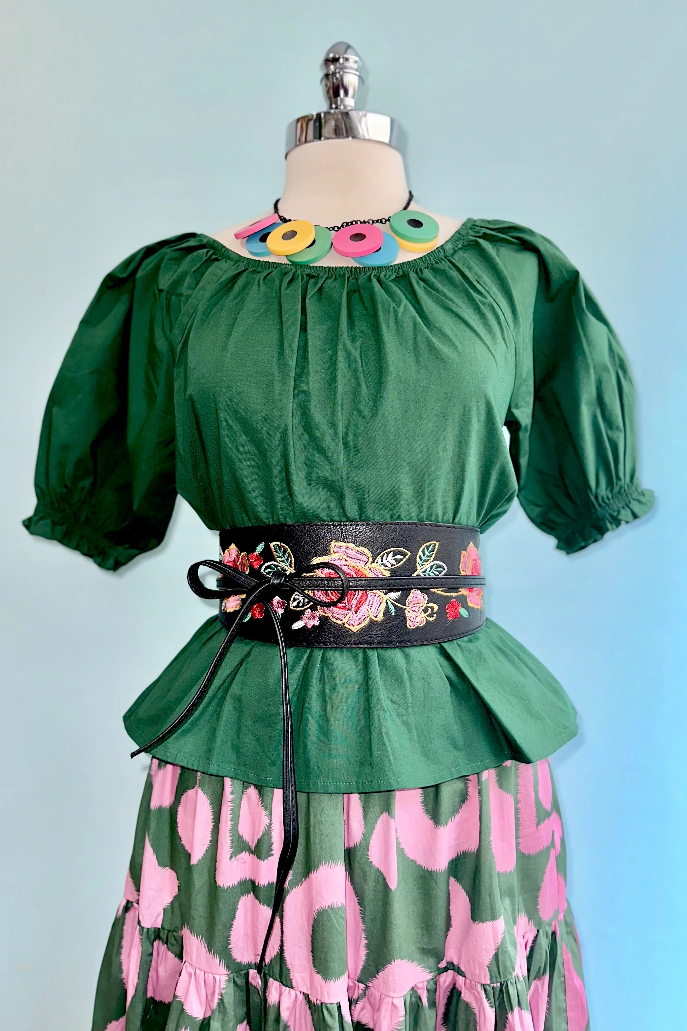 Green and Pink Elastic Waist Midi Skirt