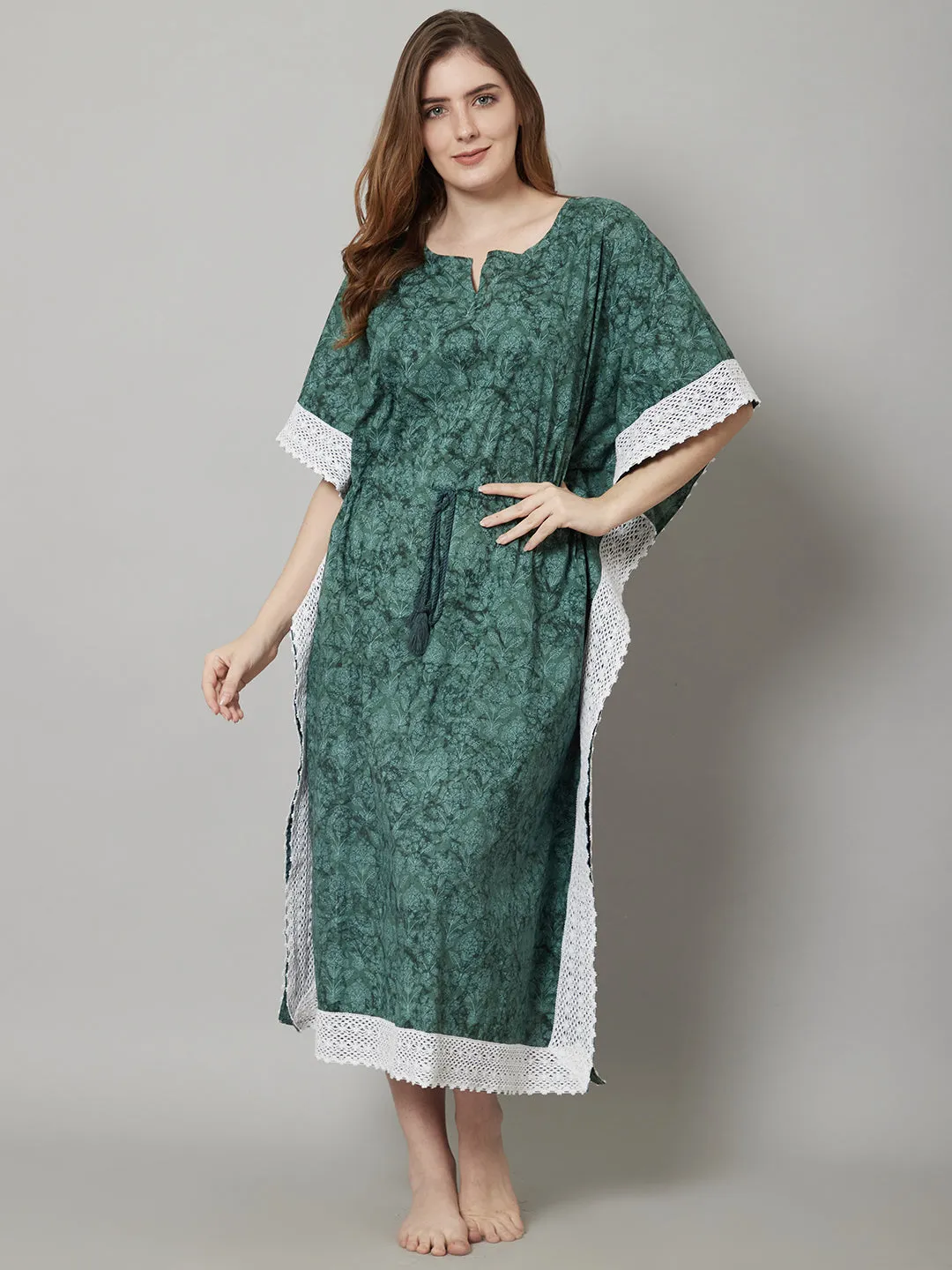 Green Cotton Floral Print Long Kaftan With Lace