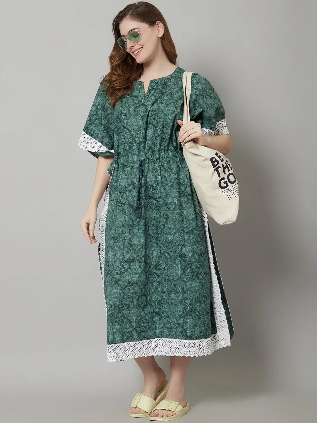 Green Cotton Floral Print Long Kaftan With Lace