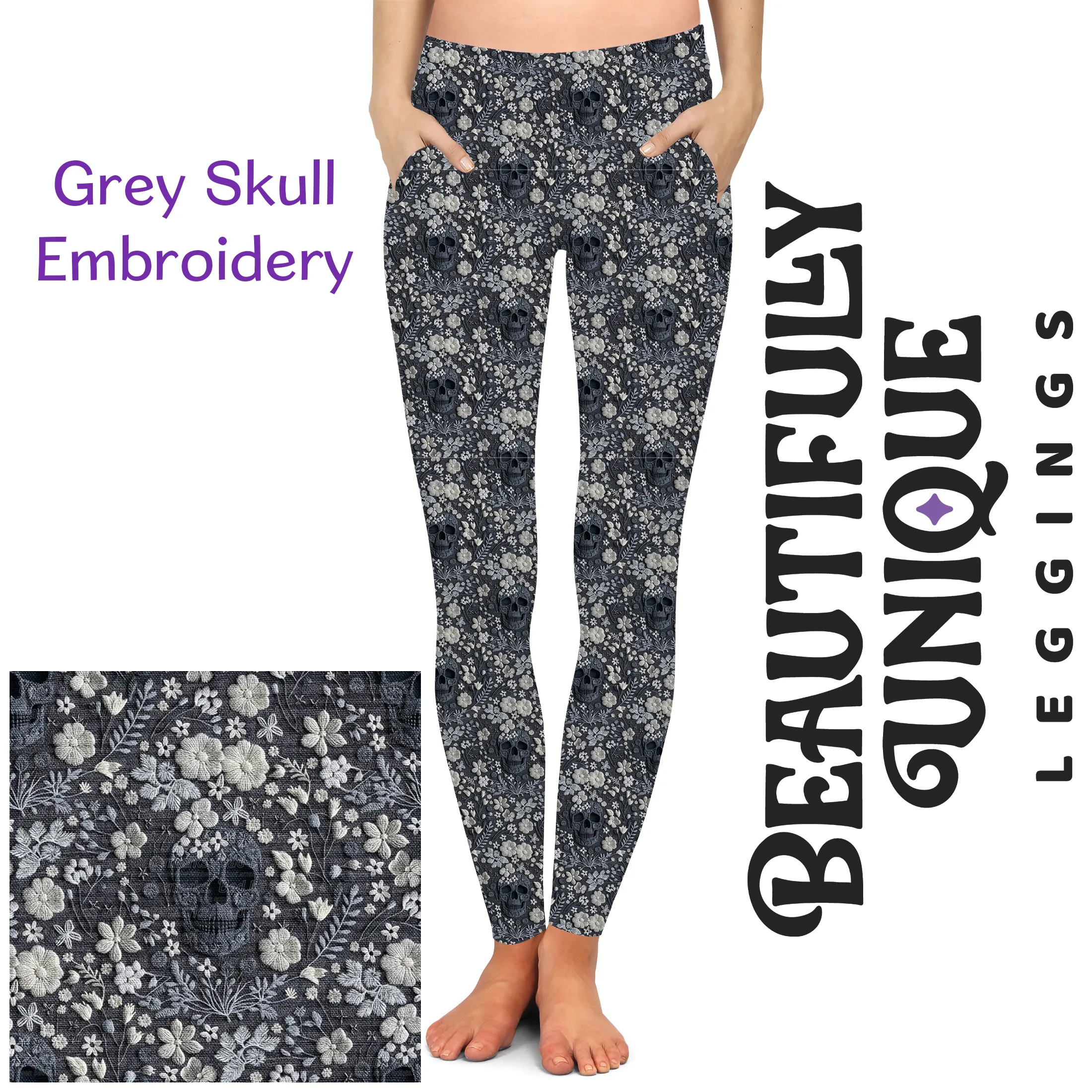 Grey Skull Embroidery - Pocket Leggings