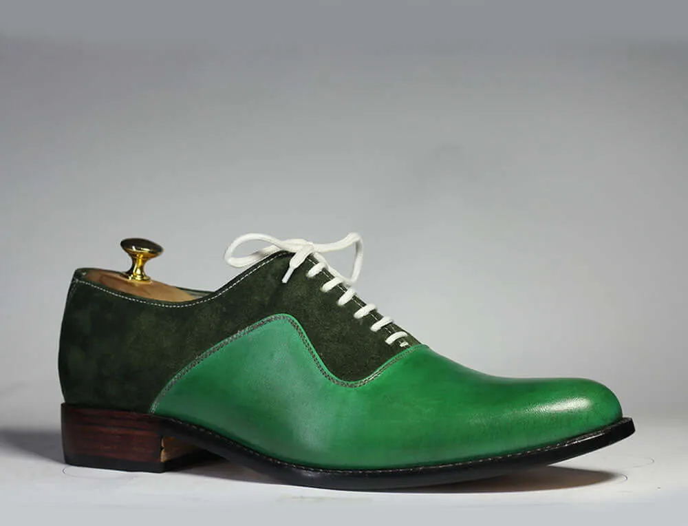 Handmade Men Green Leather & Suede Lace Up Shoes, Men Dress Formal Designer Shoes