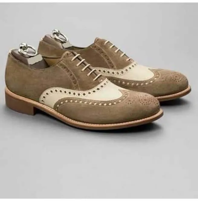 Handmade men's Beige Brown Suede Shoes, Men Dress Formal Wing Tip Brogue Shoes