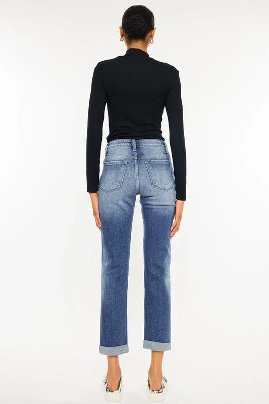 High Rise Hem Detail Slim Straight Jeans