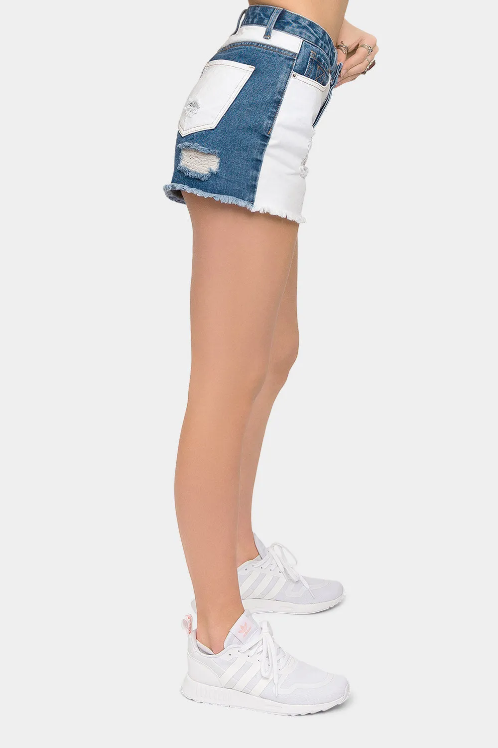 High Waist Color Block Denim Shorts