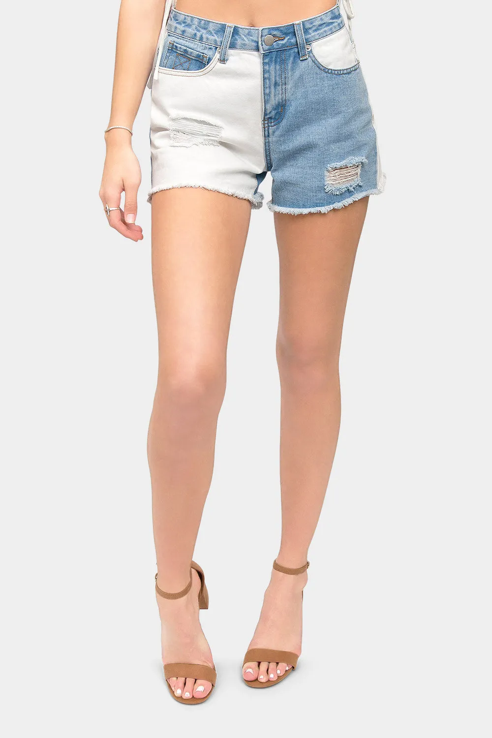 High Waist Color Block Denim Shorts