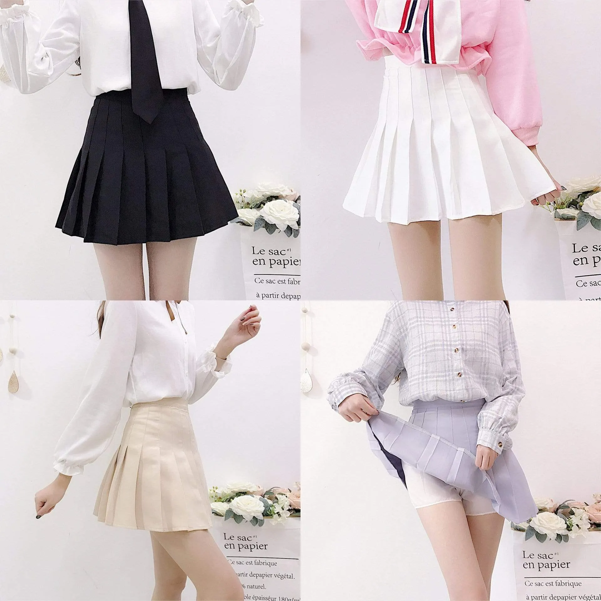 High-waist  Plain colour Pleated Skirt