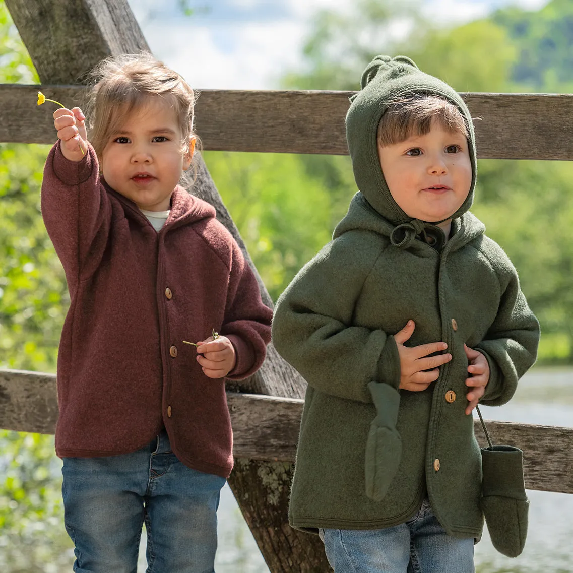 Hooded Jacket in Organic Wool Fleece with Buttons (0-6y)