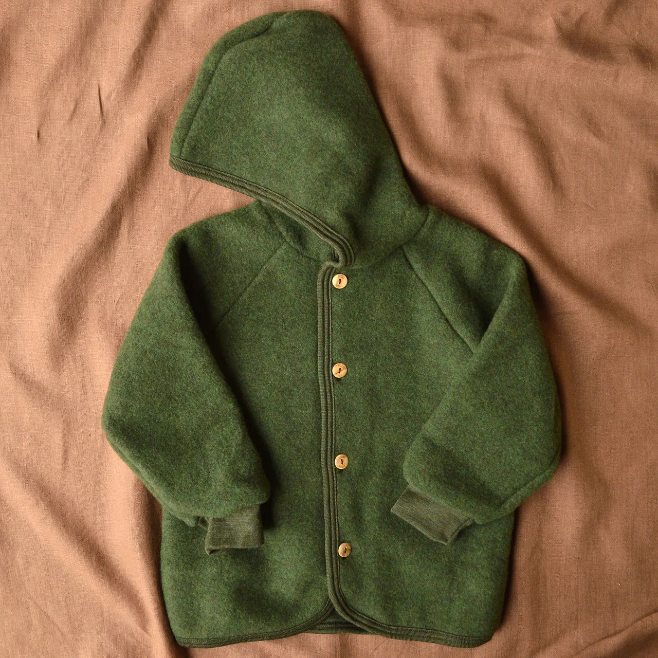 Hooded Jacket in Organic Wool Fleece with Buttons - Reed (3-6m) *Last One!