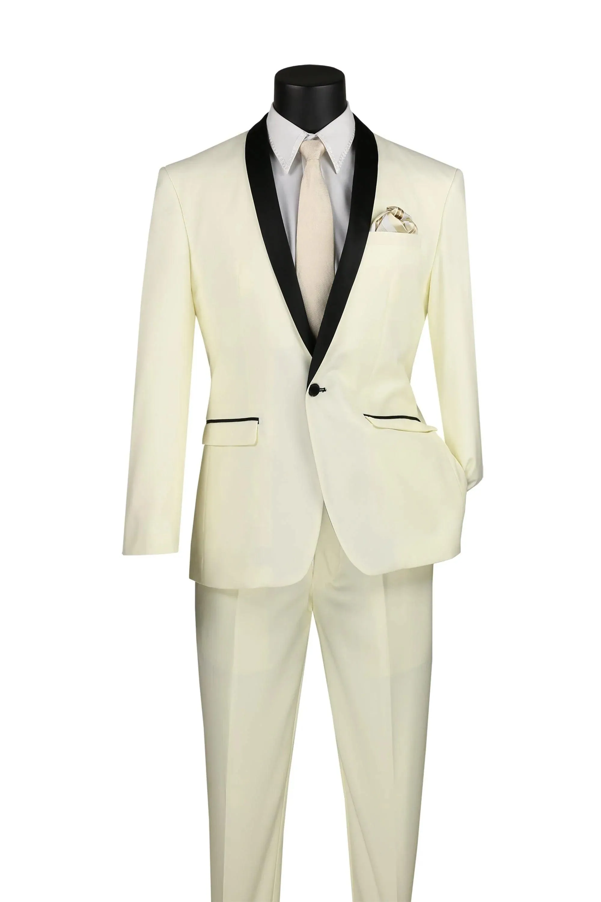 Ivory Slim Fit Tuxedo with Black Shawl Lapel & Ivory Pants