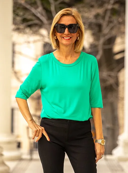 Kelly Green Round Neck Elbow Length Sleeve Top