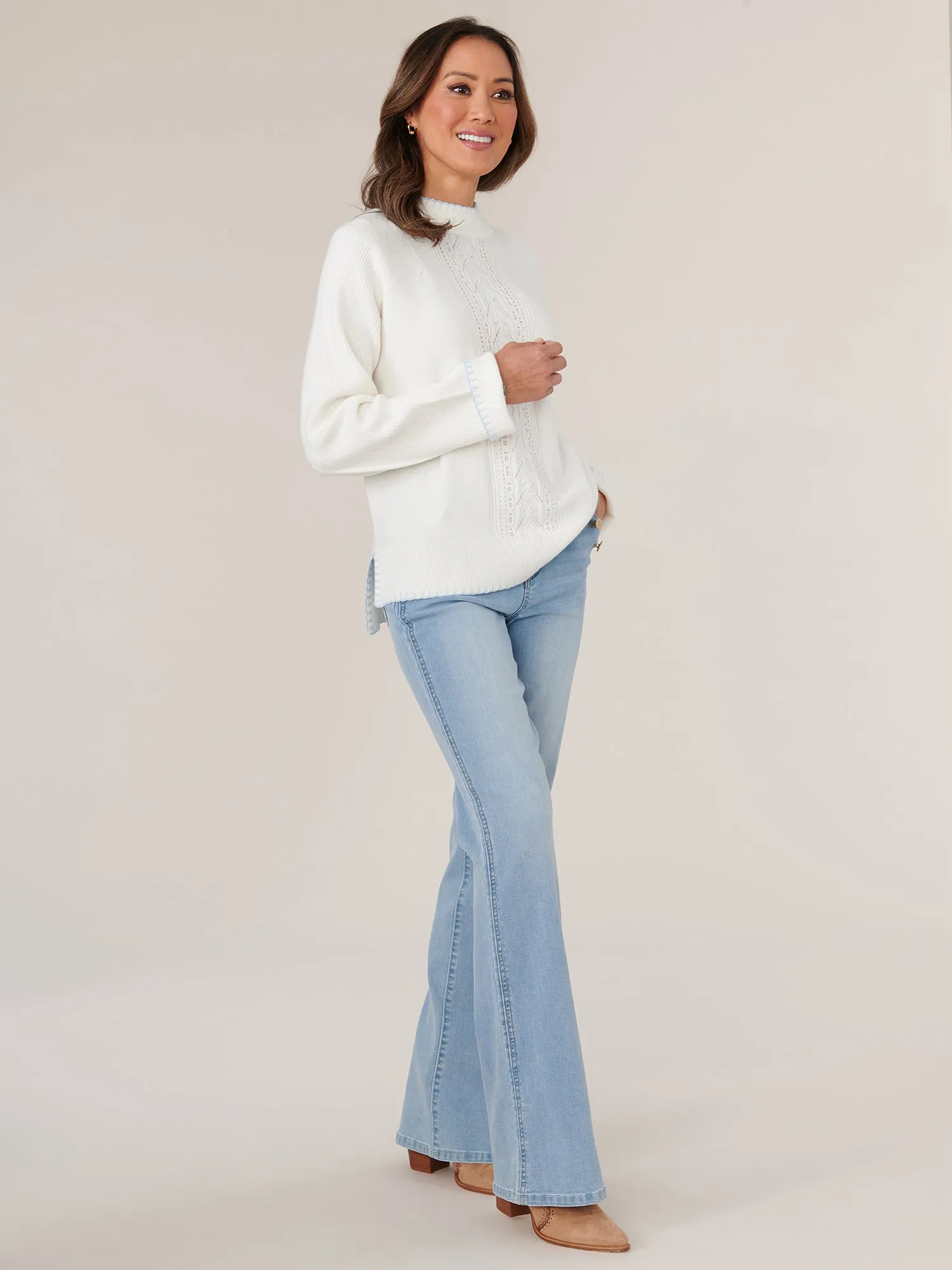 Long Ribbed Sleeve High Round Neck Sweater with Blanket Stitch Detail