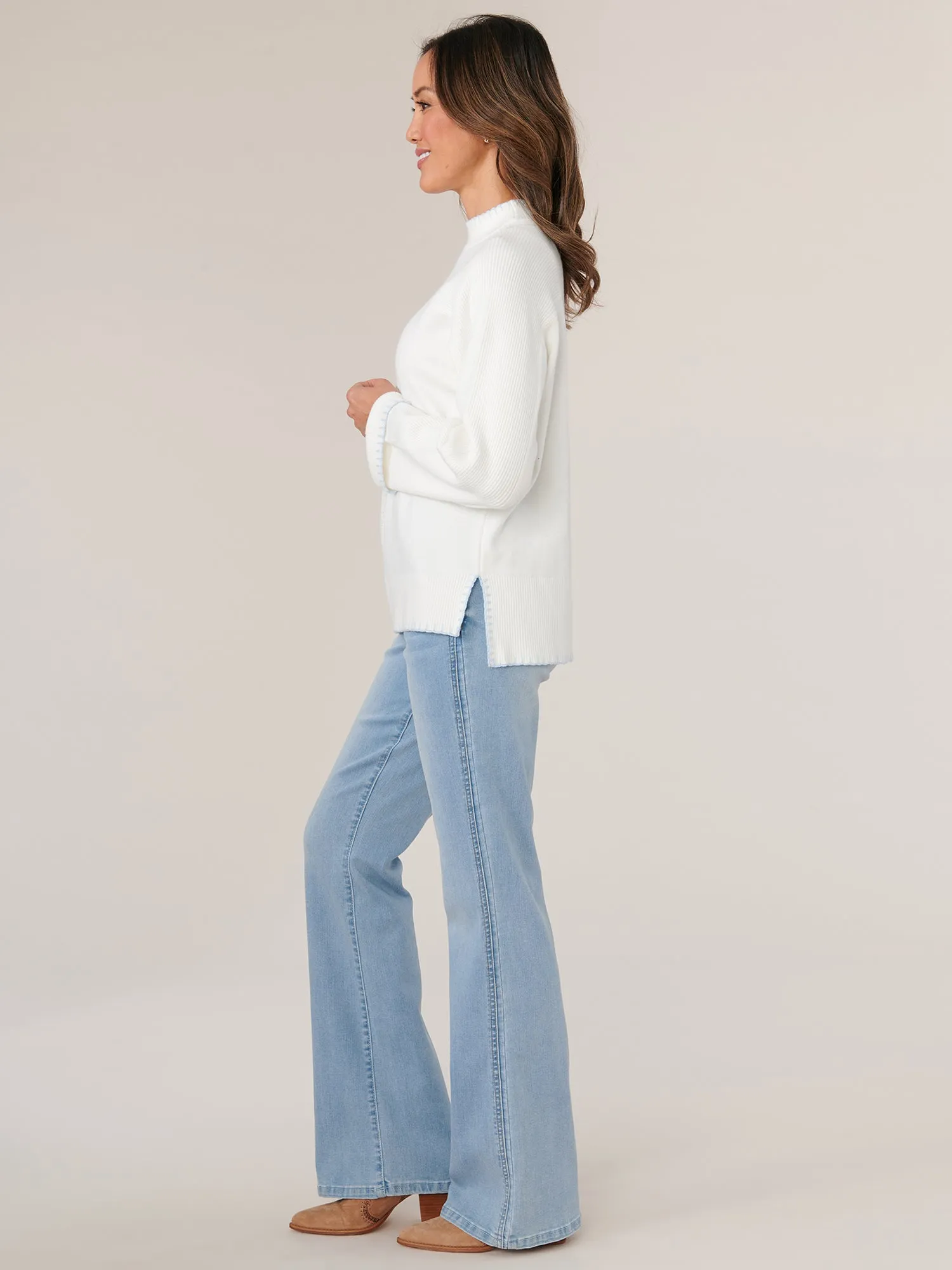 Long Ribbed Sleeve High Round Neck Sweater with Blanket Stitch Detail