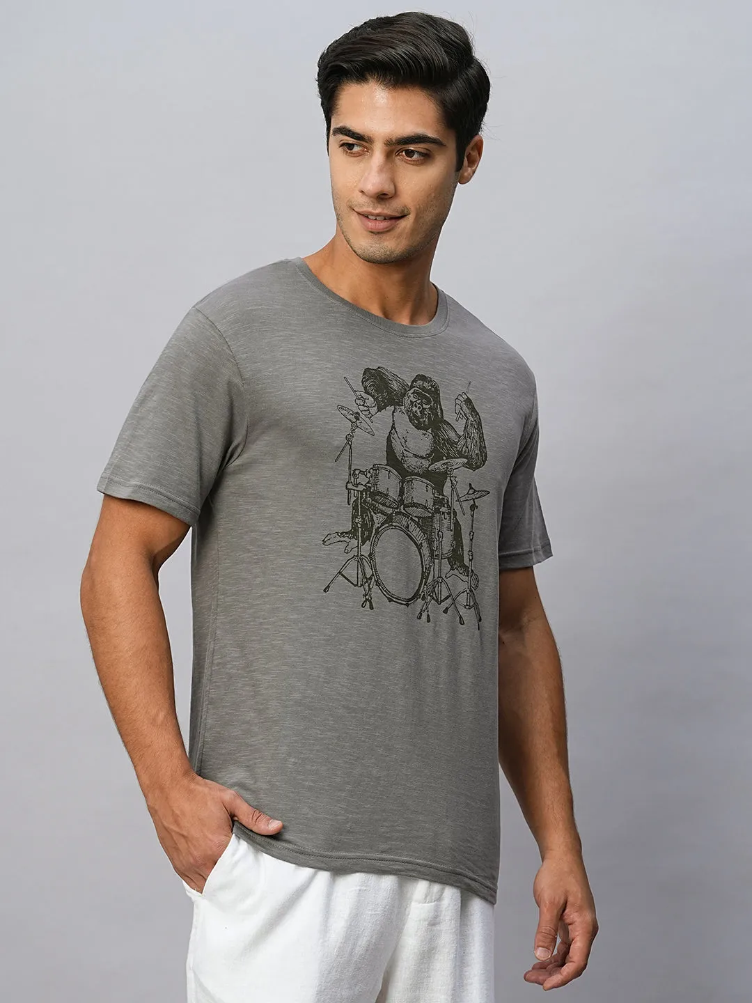 Men's Grey Cotton Regular Fit Tshirt